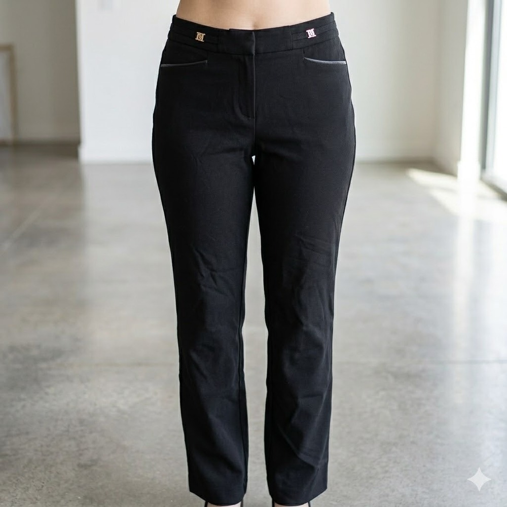 Workwear Chic‎ Anne Klein Black Dress Pants Size 6 Faux Leather Trim [Pre-owned]
